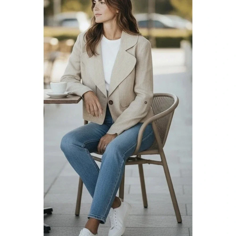 ADROIT‎ ATELIER Double Breasted Linen Blend Blazer Cropped Jacket SM office